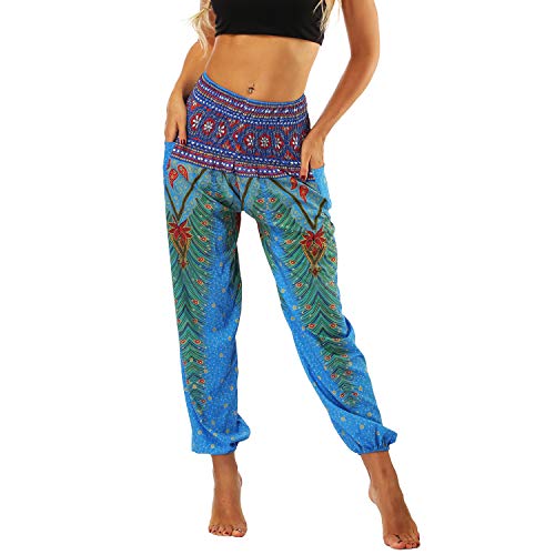 Lu's Chic Women's Boho Pants Harem Smocked Waist Yoga Hippie Palazzo Summer Beach Pants Pattern2 One Size - Image 3