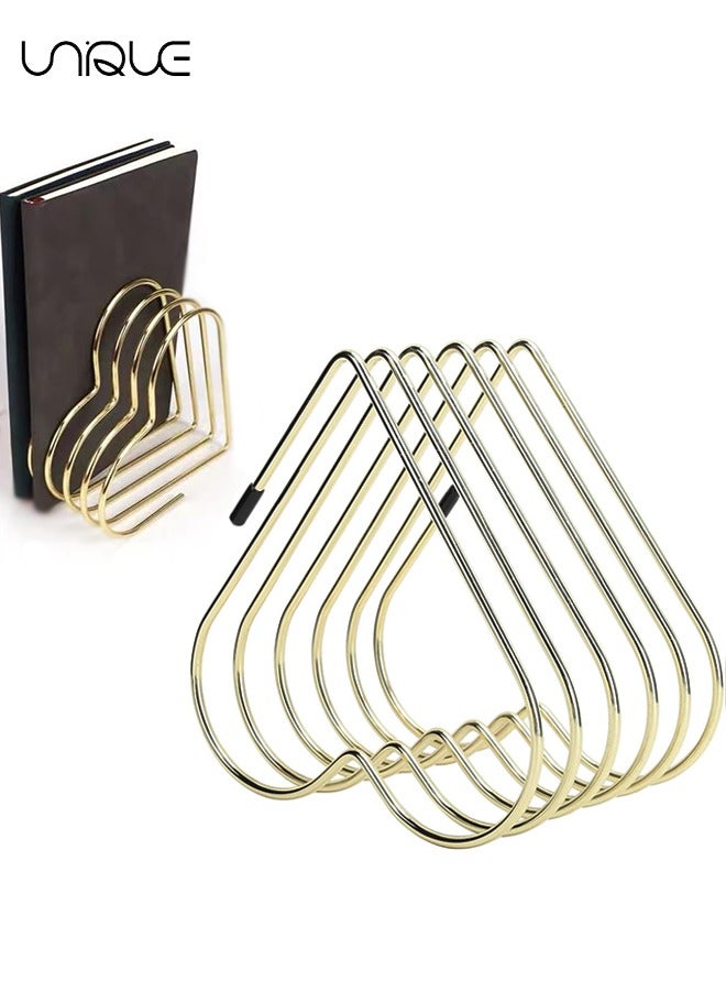 Unique Metal Book Ends, Decorative Bookends for Shelves, Non Skid Book Holder for Bookrack Desk Books Heart Appearance Design Book Shelf Holder Home Decor Heavy Duty Metal Heavy Duty Bookend (Golden) - Image 1