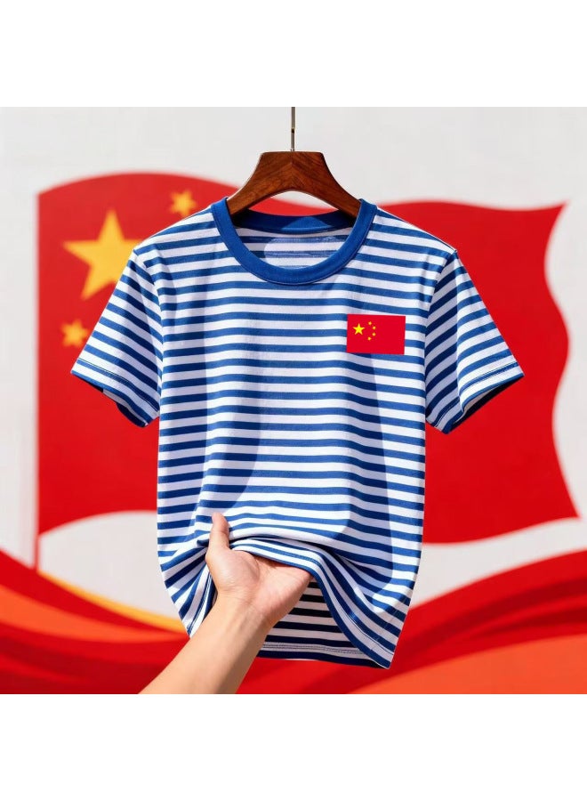 Primary And Middle School Students Red Scarf Activity Class Clothes National Day Family Clothes Pure Cotton Sea Soul Shirt T-shirt Short Sleeve Blue And White Striped Trendy