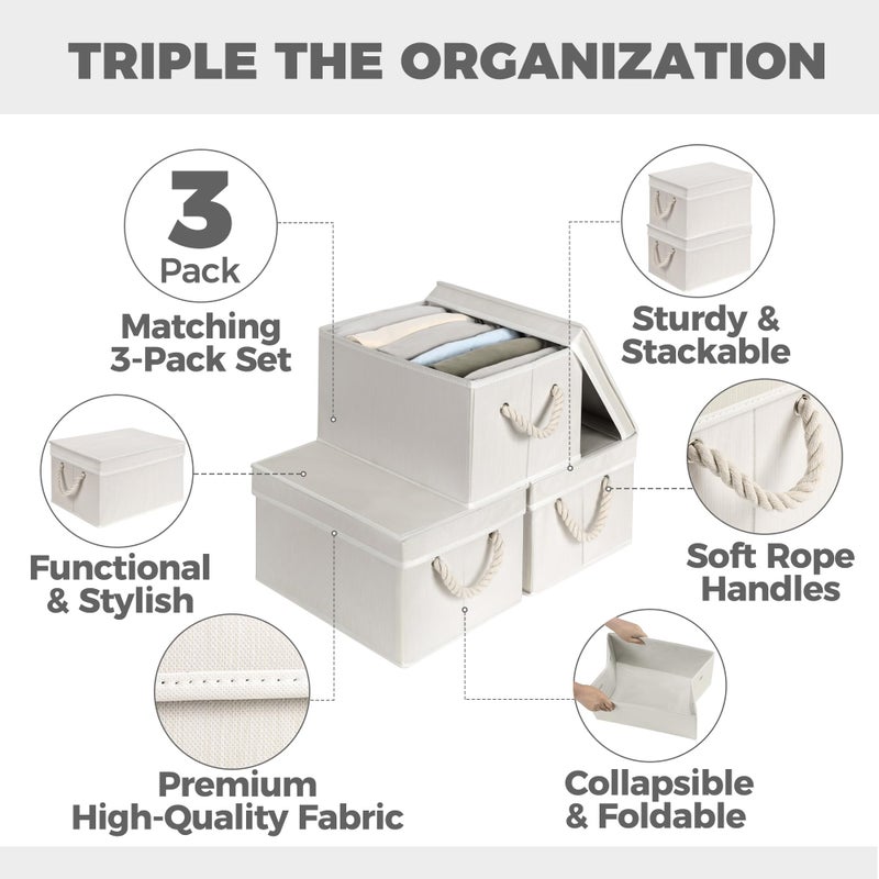 Storage Standard Set of 3 Fabric Bins for Organization - Foldable & Stackable With Lid & Rope Handles - Collapsible Fabric Storage Cubes Lightweight & Sturdy Bottom, Space Saving Collapsible Bin, Ivory - Image 2