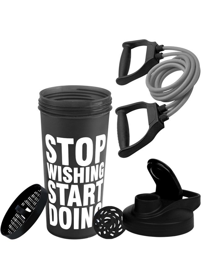 COOL INDIANS COOL INDIANS Gym Motivational Stop Wishing Start Doing Protein Shaker Bottle 700ml with Exercise Resistance Band, Adjustable Resistance levels to suit beginners and advanced, For Men & Women (White)