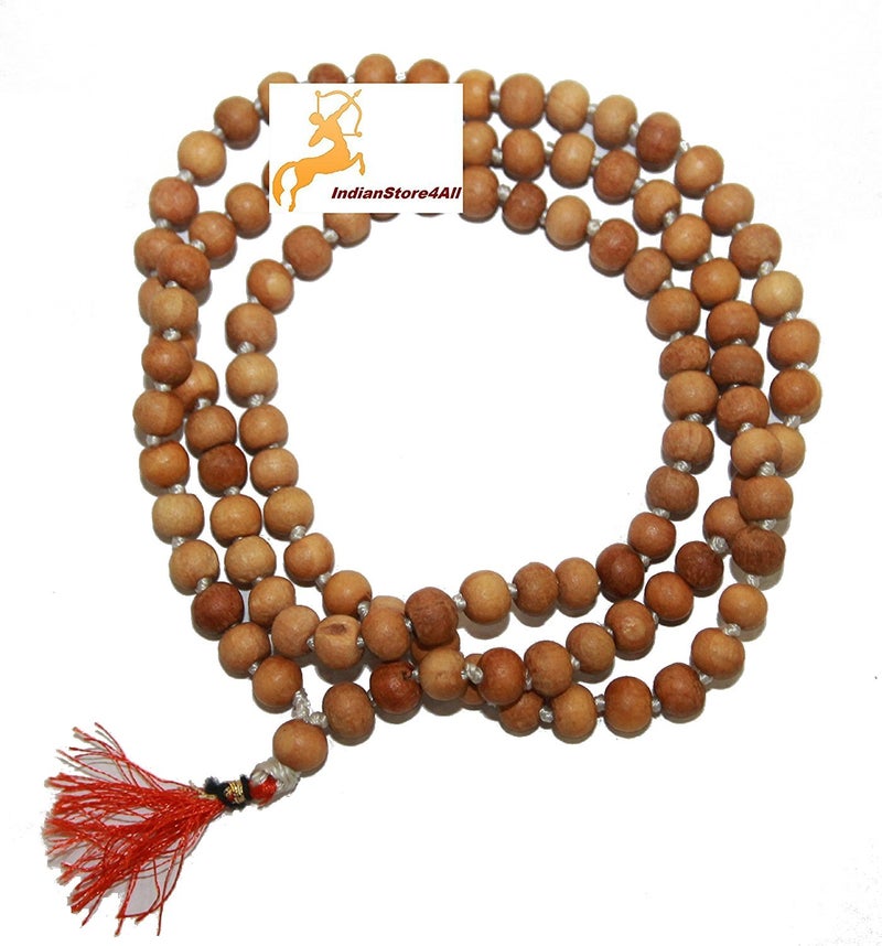 IS4A 8MM TULSI HOLY BASIL PRAYER BEADS JAPA MALA NECKLACE HAND KNOTTED. KARMA 108+1=109 BEADS. BLESSED & ENERGIZED HINDU TIBETAN BUDDHIST SUBHA ROSARY RED TESSEL - Image 2