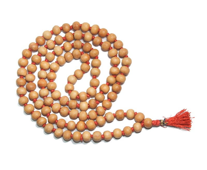 IS4A 8MM TULSI HOLY BASIL PRAYER BEADS JAPA MALA NECKLACE HAND KNOTTED. KARMA 108+1=109 BEADS. BLESSED & ENERGIZED HINDU TIBETAN BUDDHIST SUBHA ROSARY RED TESSEL - Image 1