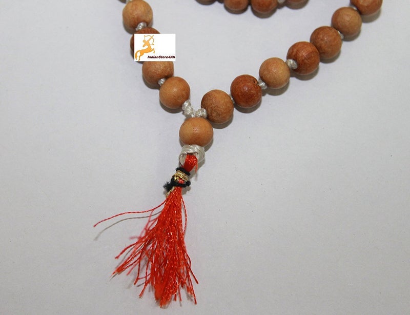 IS4A 8MM TULSI HOLY BASIL PRAYER BEADS JAPA MALA NECKLACE HAND KNOTTED. KARMA 108+1=109 BEADS. BLESSED & ENERGIZED HINDU TIBETAN BUDDHIST SUBHA ROSARY RED TESSEL - Image 4