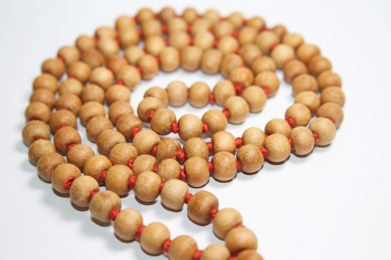 IS4A 8MM TULSI HOLY BASIL PRAYER BEADS JAPA MALA NECKLACE HAND KNOTTED. KARMA 108+1=109 BEADS. BLESSED & ENERGIZED HINDU TIBETAN BUDDHIST SUBHA ROSARY RED TESSEL - Image 5