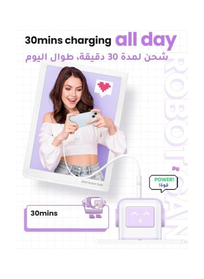 REBENUO 65w charger type c 3-Port Nexode Robot GaN  LED Display Compact Funny Fast Charger Type C Power Adapter 3PIN - Purple RG 65W  - Image 5