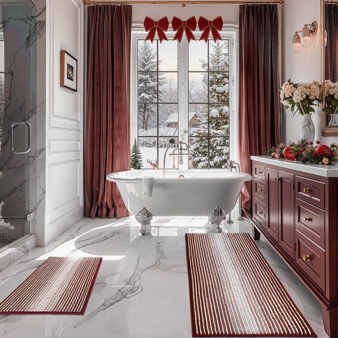 BATHROOM RUGS AND MATS SETS 2 PIECE THICK ABSORBENT CHENILLE BATH MAT RUG SET NON SLIP SOFT SHAGGY BATH ROOM FLOOR MATS FOR BATHROOM MACHINE WASHABLE BURGUNDY RED 20 X 47 PLUS 20 X 32