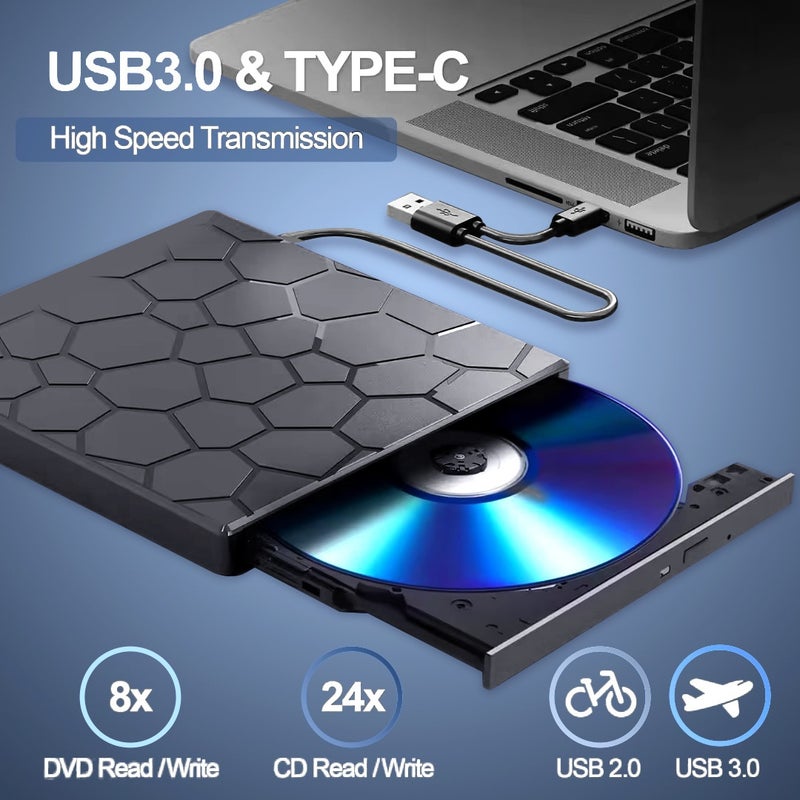 8 in 1 External DVD Drive, USB 3.0 CD/DVD Burner and Player, Type-C Compatible, Multi-Port Hub with Card Reader - Image 4