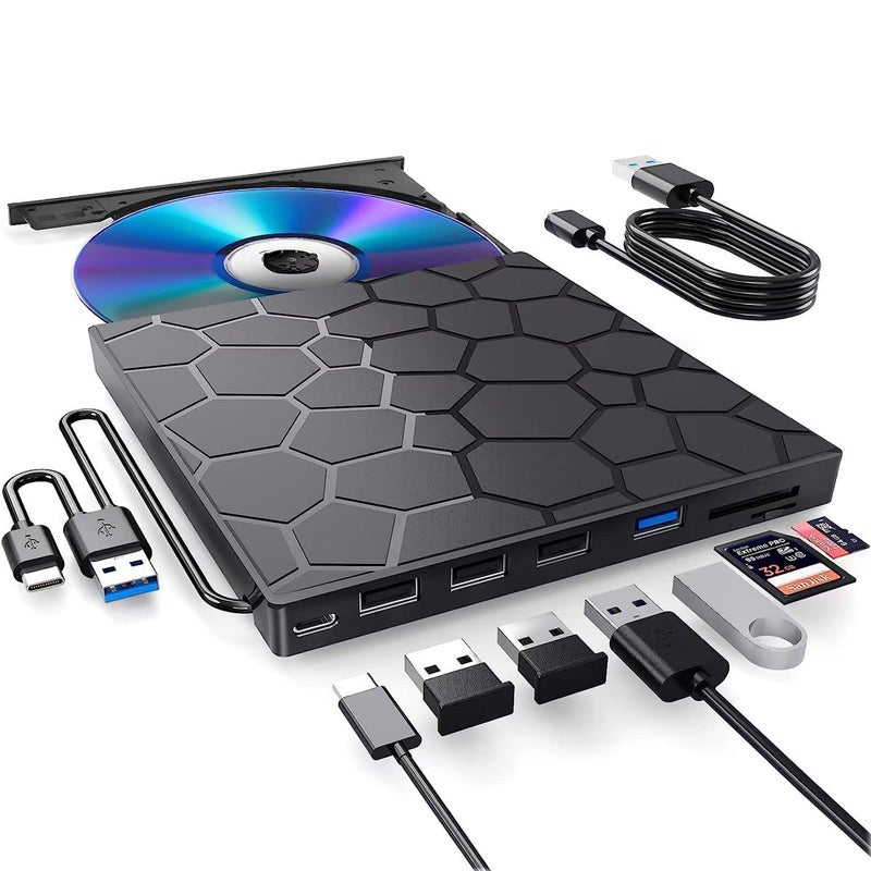 8 in 1 External DVD Drive, USB 3.0 CD/DVD Burner and Player, Type-C Compatible, Multi-Port Hub with Card Reader - Image 3
