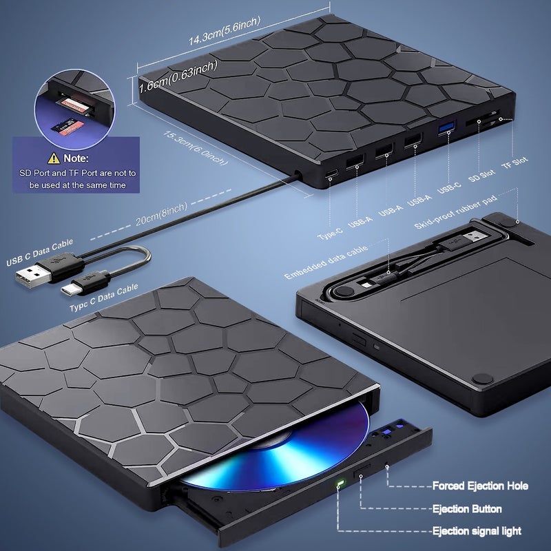 8 in 1 External DVD Drive, USB 3.0 CD/DVD Burner and Player, Type-C Compatible, Multi-Port Hub with Card Reader - Image 2