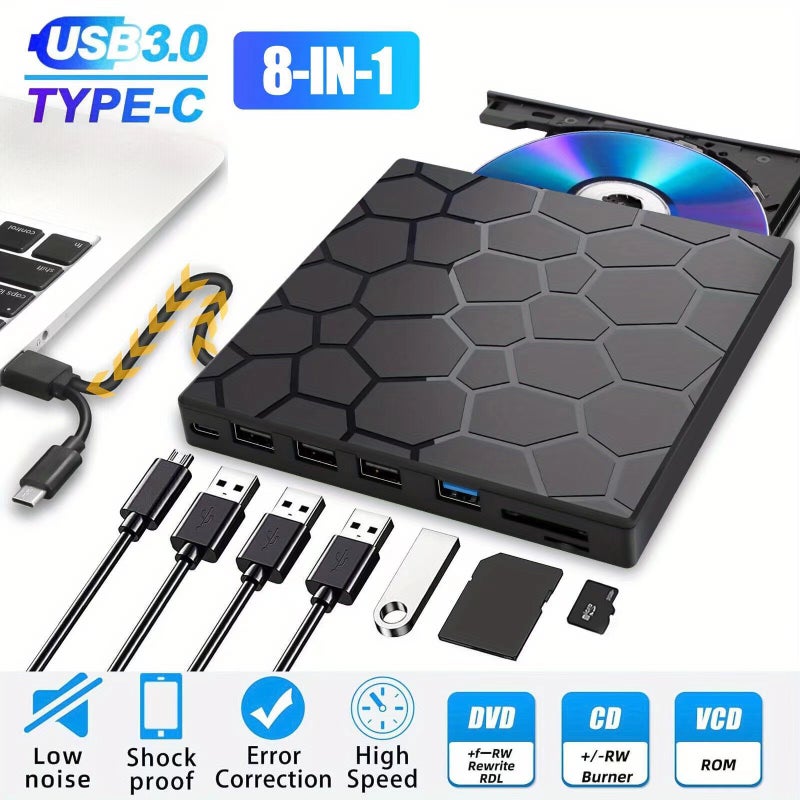 8 in 1 External DVD Drive, USB 3.0 CD/DVD Burner and Player, Type-C Compatible, Multi-Port Hub with Card Reader - Image 1