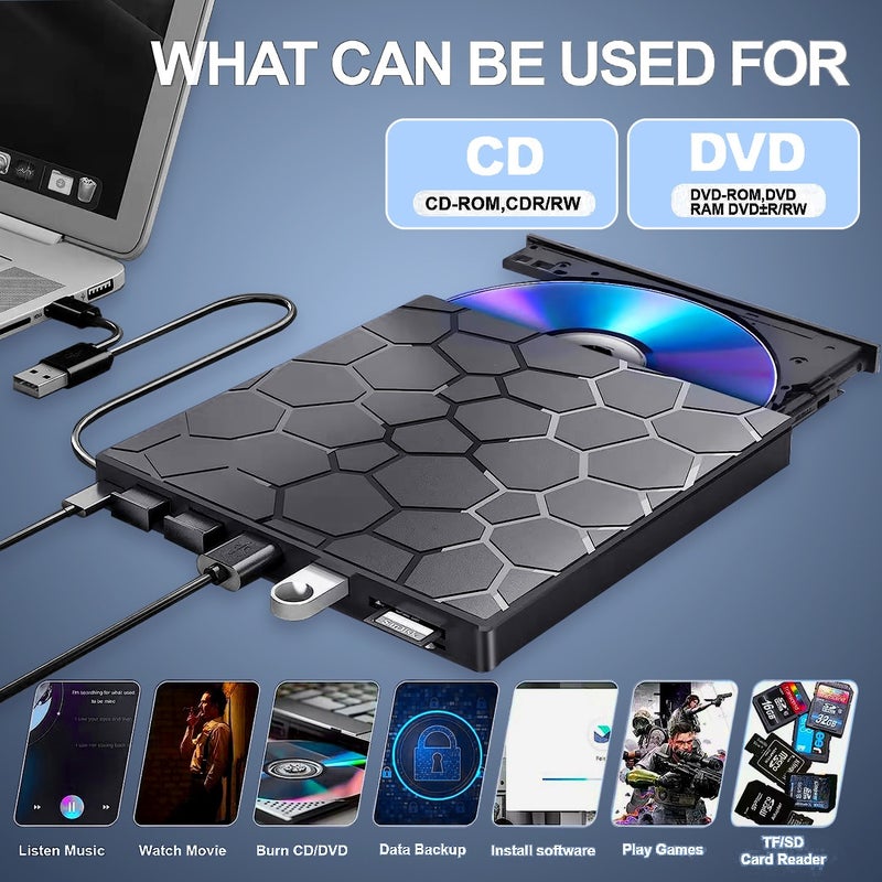 8 in 1 External DVD Drive, USB 3.0 CD/DVD Burner and Player, Type-C Compatible, Multi-Port Hub with Card Reader - Image 5