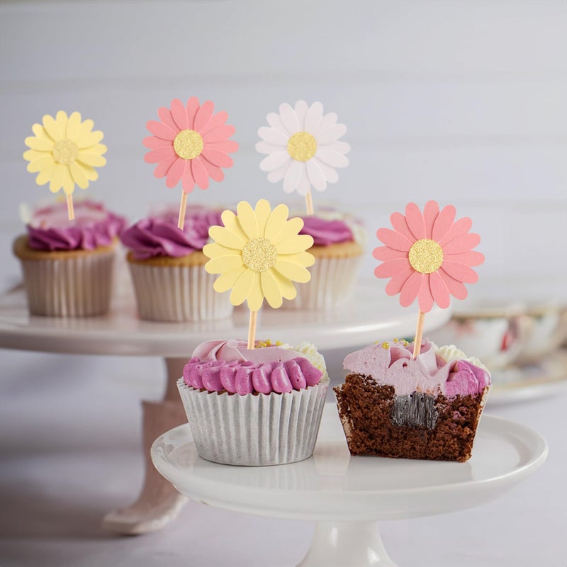 Ephlyn 24Pcs Daisy Cupcake Toppers Glitter Flower Daisy Cake Decorations Chrysanthemum Cupcake Toppers Spring Daisy Flower Cake Picks for Birthday Wedding Supplies Multi 2 - Image 4