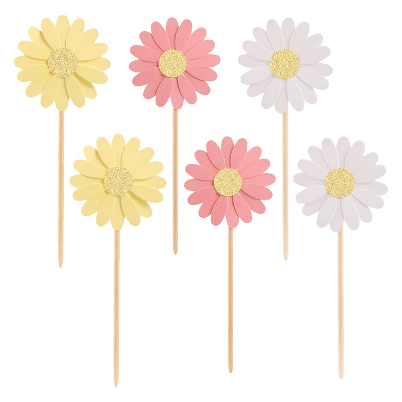 Ephlyn 24Pcs Daisy Cupcake Toppers Glitter Flower Daisy Cake Decorations Chrysanthemum Cupcake Toppers Spring Daisy Flower Cake Picks for Birthday Wedding Supplies Multi 2 - Image 3