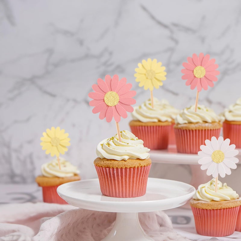 Ephlyn 24Pcs Daisy Cupcake Toppers Glitter Flower Daisy Cake Decorations Chrysanthemum Cupcake Toppers Spring Daisy Flower Cake Picks for Birthday Wedding Supplies Multi 2 - Image 5