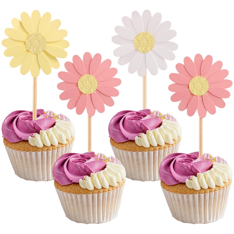 Ephlyn 24Pcs Daisy Cupcake Toppers Glitter Flower Daisy Cake Decorations Chrysanthemum Cupcake Toppers Spring Daisy Flower Cake Picks for Birthday Wedding Supplies Multi 2 - Image 1