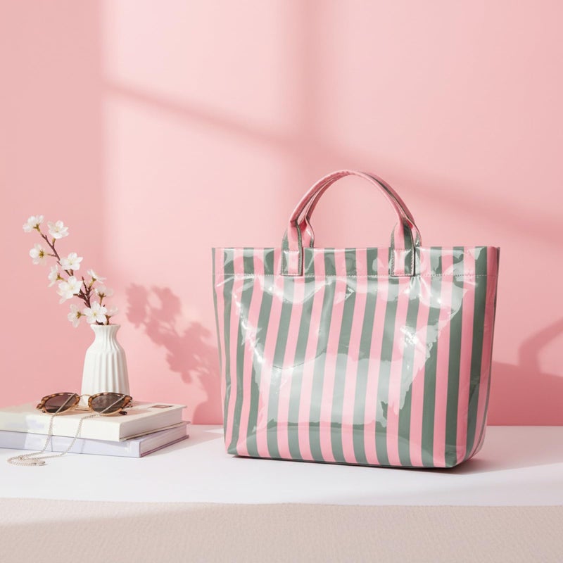 Lushandy Striped PVC Tote Bag for Women, Waterproof Plastic Tote Bag for Beach Pool Large Top Handle Travel Hobo Handbag - Image 2