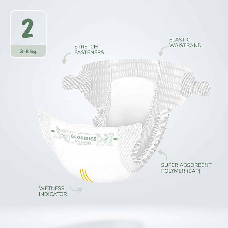 Bloomies Premium Baby Diapers Size 2,3,4, Counts 22,40,66,120, Wetness Indicator Eco-friendly and Hypoallergenic Ultra-soft Nappy Diaper Skin Friendly, Leakage Protection,100% Organic Natural Bamboo - Image 2