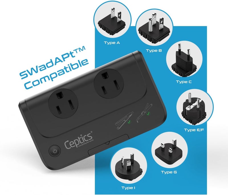 Ceptics - 6 in 1 Travel Adapter and Voltage Converter, 220V to 110V Converter with Surge Protection, Universal Adapter with Types A, C, G, I attachments & 4 USB PD 18W Fast Charging - Black - Image 4