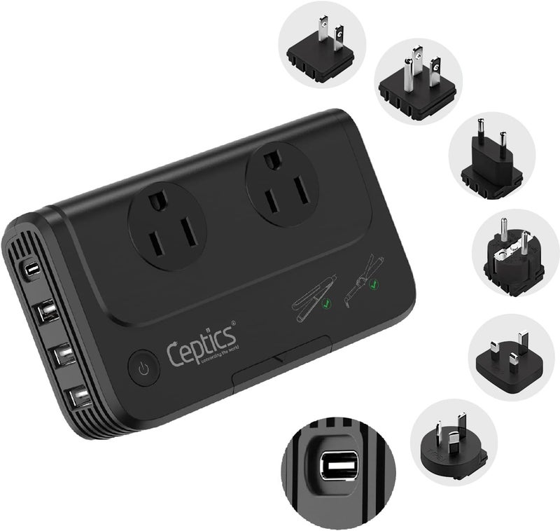 Ceptics - 6 in 1 Travel Adapter and Voltage Converter, 220V to 110V Converter with Surge Protection, Universal Adapter with Types A, C, G, I attachments & 4 USB PD 18W Fast Charging - Black - Image 1