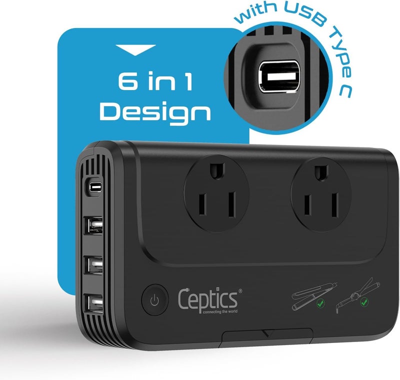Ceptics - 6 in 1 Travel Adapter and Voltage Converter, 220V to 110V Converter with Surge Protection, Universal Adapter with Types A, C, G, I attachments & 4 USB PD 18W Fast Charging - Black - Image 5