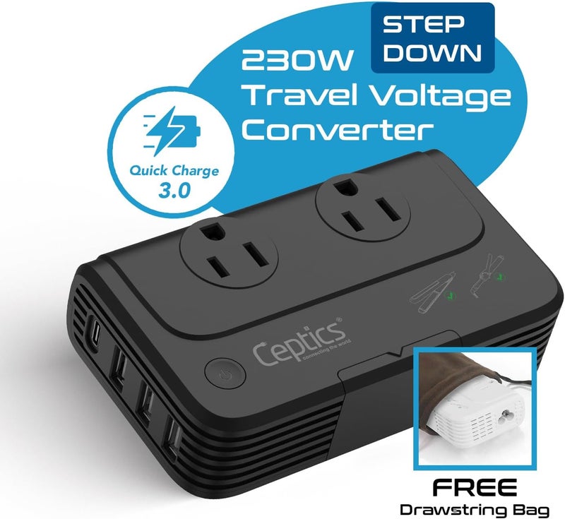 Ceptics - 6 in 1 Travel Adapter and Voltage Converter, 220V to 110V Converter with Surge Protection, Universal Adapter with Types A, C, G, I attachments & 4 USB PD 18W Fast Charging - Black - Image 2