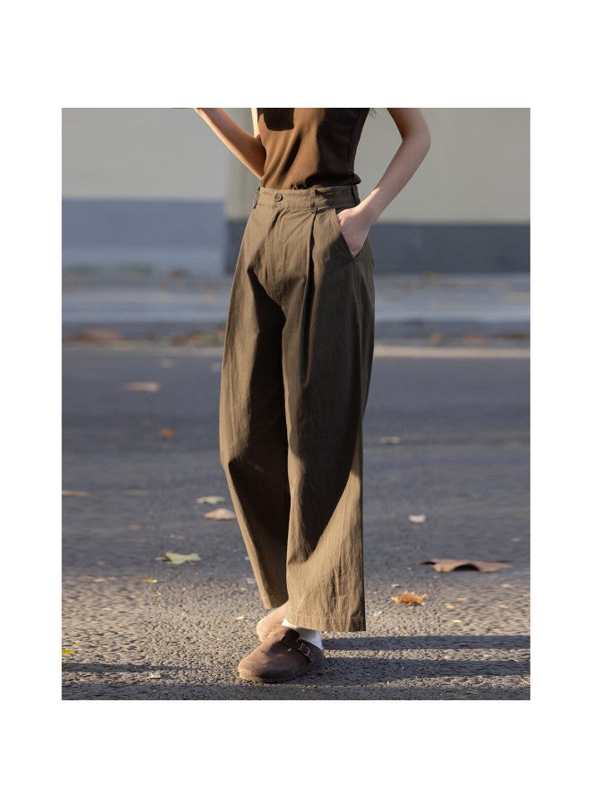 Dme Spring Simple Style Cloud-feel Cotton Single-sided Pleated Straight-leg Pants, Comfortable Concealing Women's Casual Trousers - Image 1