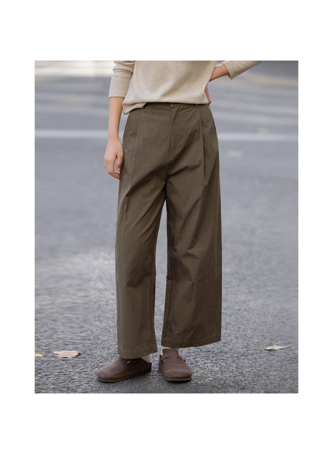 Dme Spring Simple Style Cloud-feel Cotton Single-sided Pleated Straight-leg Pants, Comfortable Concealing Women's Casual Trousers - Image 2