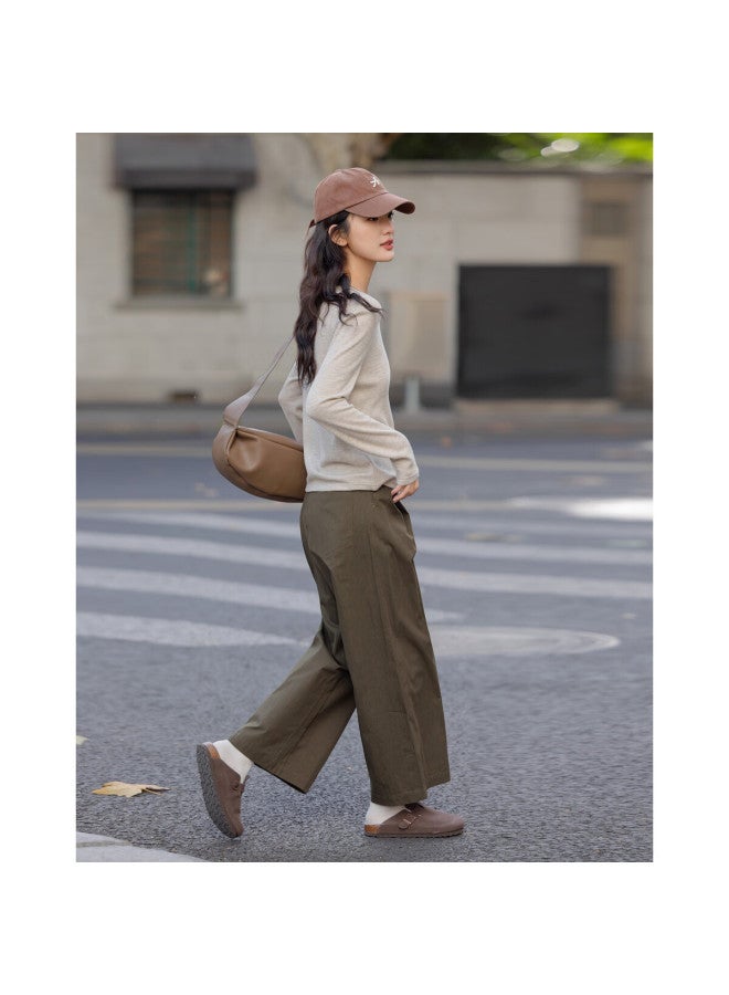 Dme Spring Simple Style Cloud-feel Cotton Single-sided Pleated Straight-leg Pants, Comfortable Concealing Women's Casual Trousers - Image 5