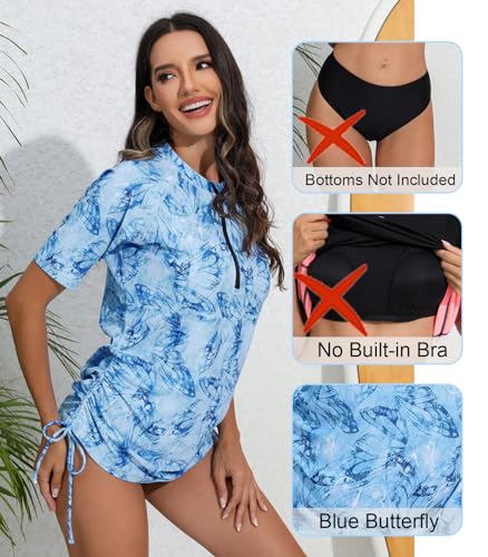 Halcurt Women's Half Zip Short Sleeve Rash Guard Swimsuit Top Ruched Swim Shirt UPF50+ Quick Dry Bathing Suit Blue Butterfly XL - Image 3