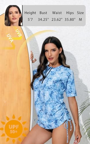 Halcurt Women's Half Zip Short Sleeve Rash Guard Swimsuit Top Ruched Swim Shirt UPF50+ Quick Dry Bathing Suit Blue Butterfly XL - Image 2