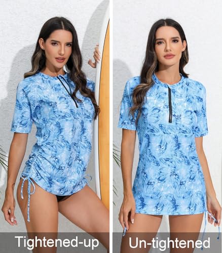 Halcurt Women's Half Zip Short Sleeve Rash Guard Swimsuit Top Ruched Swim Shirt UPF50+ Quick Dry Bathing Suit Blue Butterfly XL - Image 4
