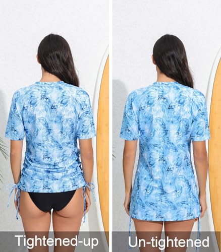 Halcurt Women's Half Zip Short Sleeve Rash Guard Swimsuit Top Ruched Swim Shirt UPF50+ Quick Dry Bathing Suit Blue Butterfly XL - Image 5