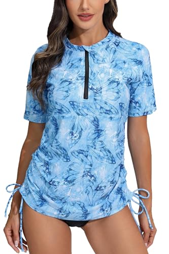 Halcurt Women's Half Zip Short Sleeve Rash Guard Swimsuit Top Ruched Swim Shirt UPF50+ Quick Dry Bathing Suit Blue Butterfly XL - Image 1