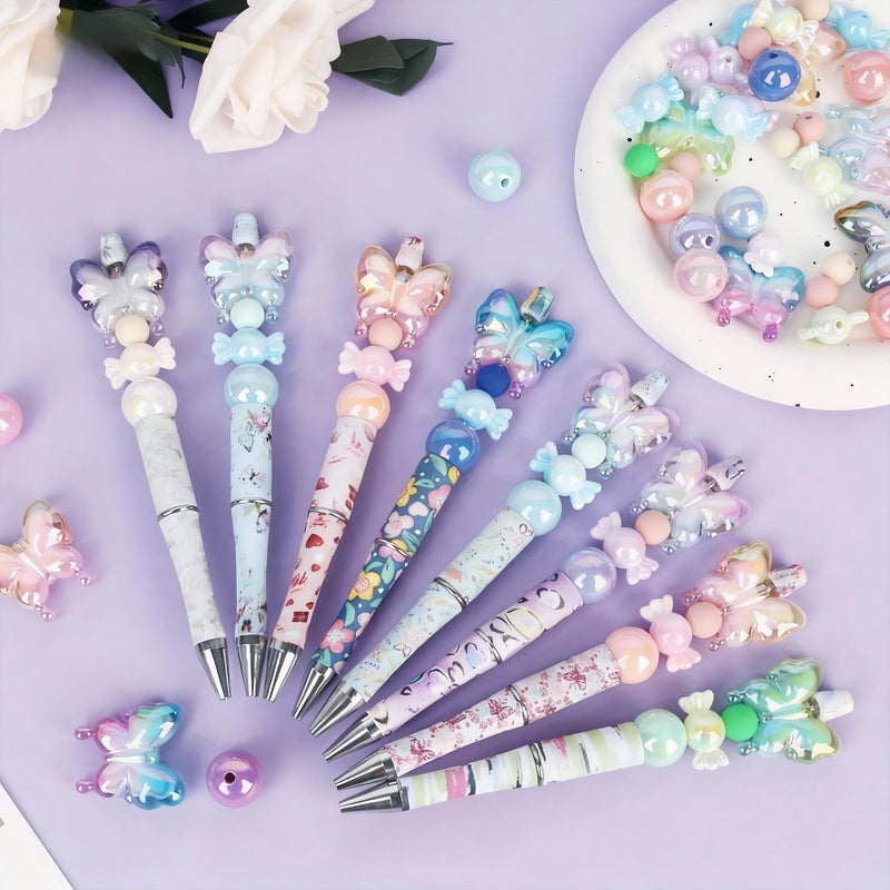 holoith 8 Set Butterfly Flower Beadable Pens Kit, Pen Making Kit with Beads and Refills, Black Ink Ballpoint Smooth Writing, Gift for Diy Present Students Teens Office Supplies - Image 2