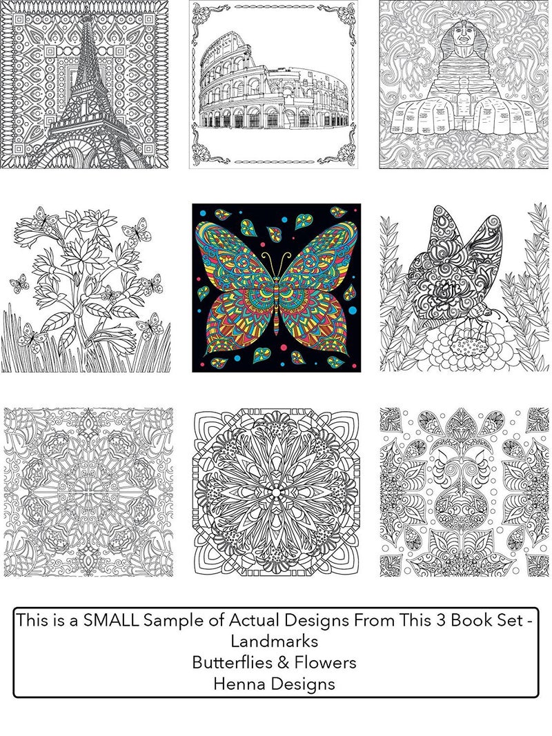 Creatively Calm Studios Adult Coloring Books Set – 3 Pack – Butterflies, Flowers, Henna & Landmarks. Coloring Books for Adults Relaxation - Image 4