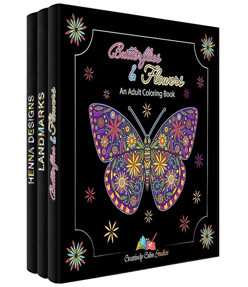 Creatively Calm Studios Adult Coloring Books Set – 3 Pack – Butterflies, Flowers, Henna & Landmarks. Coloring Books for Adults Relaxation - Image 1