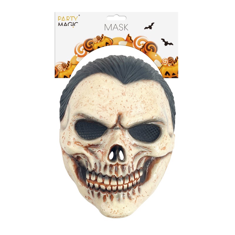 Party Magic Adult Skull Latex Mask with black hair - Image 2