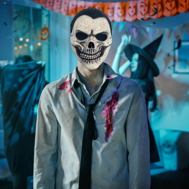 Party Magic Adult Skull Latex Mask with black hair - Image 3