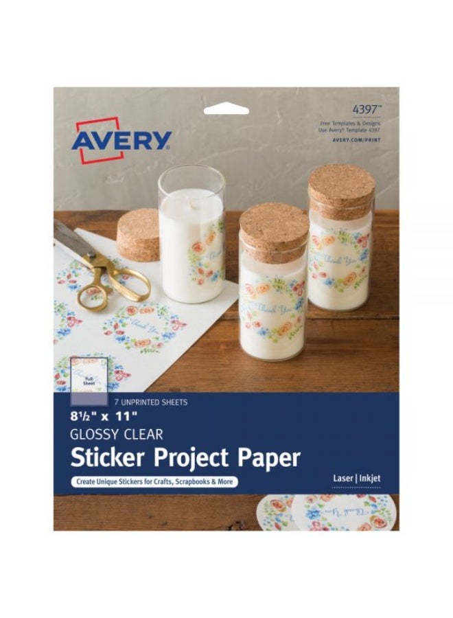 Avery Printable Sticker Paper For Laser & Inkjet Printers, 8.5" x 11", Glossy Clear, 7 Craft Paper Sheets - Image 1