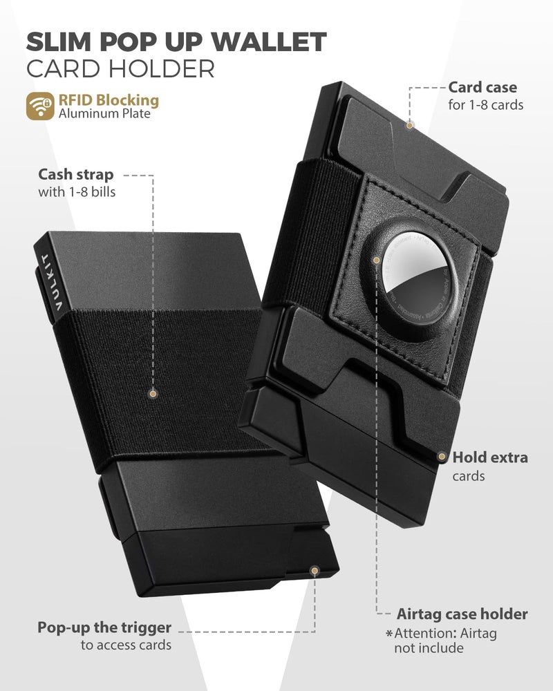 VULKIT Mens Wallet With AirTag Holder RFID Blocking, Aluminum Pop Up Card Holder With Expandable Backplate, Holds 12 Cards and Cash for Men and Women Black - Image 2