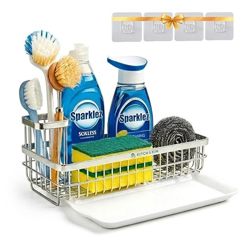 KITCH & KIN Sink Organizer for Kitchen Basin | Stainless Steel Sink & Washroom Organizer with Drain Tray | Wall Mounted Soap Stand & Sponge Holder | Kitchen Sink Organizer Rack - Image 1