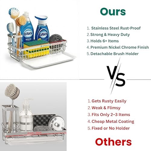 KITCH & KIN Sink Organizer for Kitchen Basin | Stainless Steel Sink & Washroom Organizer with Drain Tray | Wall Mounted Soap Stand & Sponge Holder | Kitchen Sink Organizer Rack - Image 5