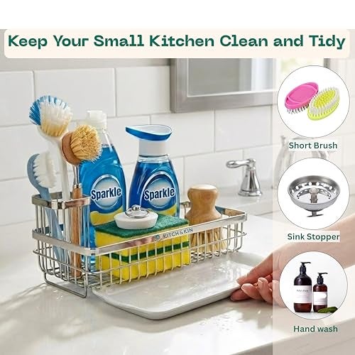 KITCH & KIN Sink Organizer for Kitchen Basin | Stainless Steel Sink & Washroom Organizer with Drain Tray | Wall Mounted Soap Stand & Sponge Holder | Kitchen Sink Organizer Rack - Image 4