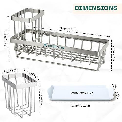 KITCH & KIN Sink Organizer for Kitchen Basin | Stainless Steel Sink & Washroom Organizer with Drain Tray | Wall Mounted Soap Stand & Sponge Holder | Kitchen Sink Organizer Rack - Image 2