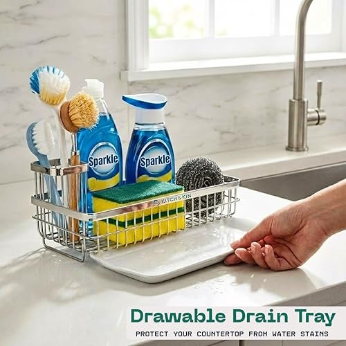 KITCH & KIN Sink Organizer for Kitchen Basin | Stainless Steel Sink & Washroom Organizer with Drain Tray | Wall Mounted Soap Stand & Sponge Holder | Kitchen Sink Organizer Rack - Image 3