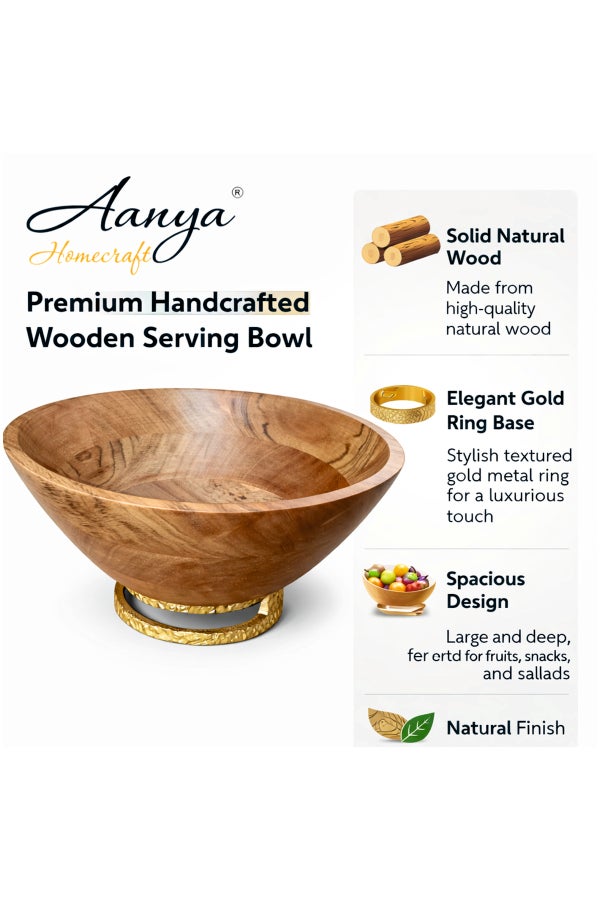 Aanya Homecraft وعاء تقديم دائري كبير من خشب الأكاسيا الفاخر، 30 سم، مع قاعدة معدنية - وعاء سلطة وفواكه مزخرف مصنوع يدويًا لتناول الطعام، ديكور الطاولة والهدايا، بني طبيعي، 30 سم - Image 4