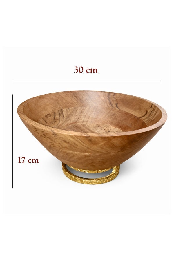 Aanya Homecraft وعاء تقديم دائري كبير من خشب الأكاسيا الفاخر، 30 سم، مع قاعدة معدنية - وعاء سلطة وفواكه مزخرف مصنوع يدويًا لتناول الطعام، ديكور الطاولة والهدايا، بني طبيعي، 30 سم - Image 2