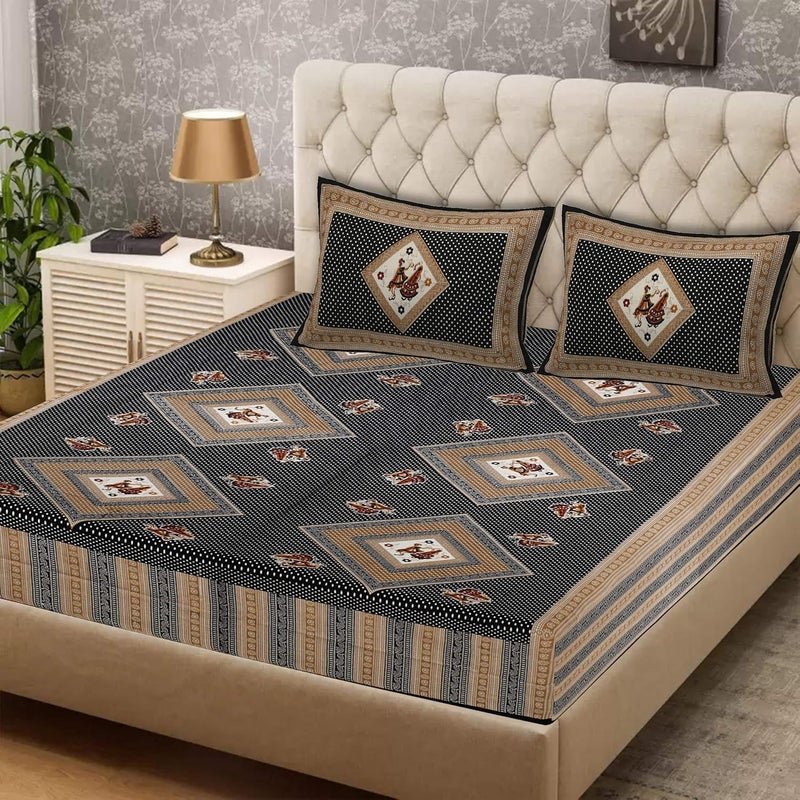 EarlyMart 100 Cotton Comfort 144 TC Rajasthani Jaipuri Traditional King Size Double Bed Bedsheet with 2 Pillow Covers Double_023