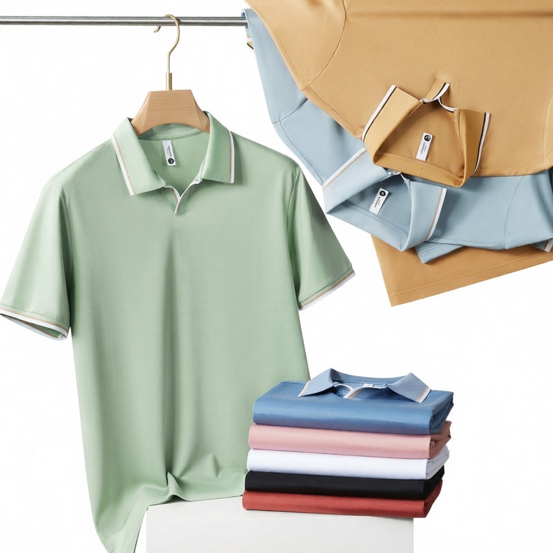 Men's Short Sleeve Silk Polo Shirt V-Neck Casual Top - Image 1